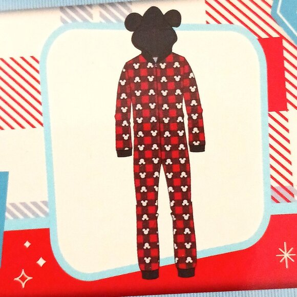 NEW Disney 100 Mickey Hooded Adult Zippered Onsie, Red & Black Checkered Size S - Picture 9 of 9